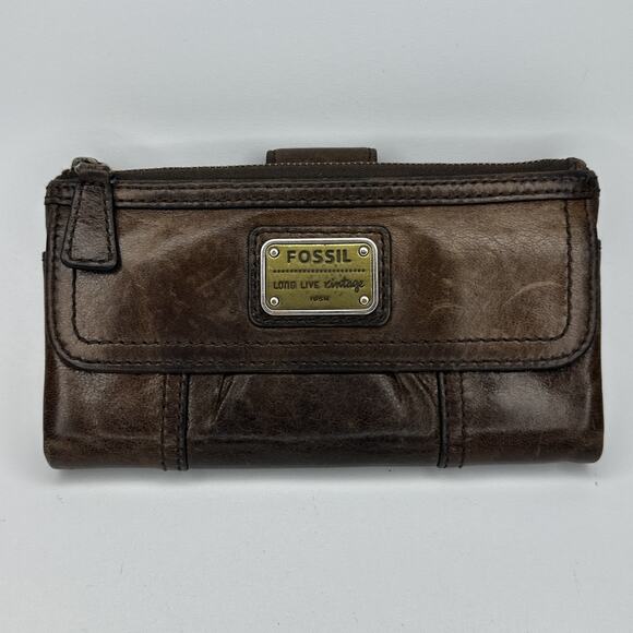 Fossil Long Live Vintage 1954 Lamb Hide Aged Leather Bifold Wallet Zips Snaps - Picture 1 of 16